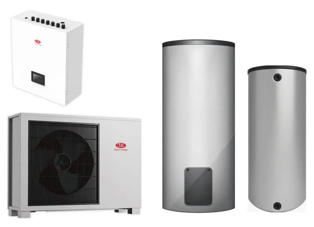 Ecoline Monoblock von Dream Maker, Außeneinheit mit Ventilator und Inneneinheit, zwei silberne Speicherbehälter, einer höher und einer schmaler.